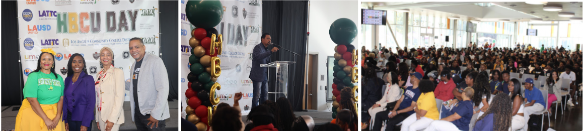 Left: LATTC Umoja Coordinator Roshell McKevie, LACCD Trustee Nichelle Henderson, Dr. Regina Smith, and LATTC Dean Ralph Davis; Center: Chancellor Román addresses the main session; Right: main session gathering 
