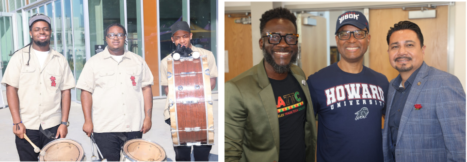 Left: Limited Addition drumline welcome performance; Right: LATTC Vice President Dr. Henan Joof, President Alfred McQuarters, and Chancellor Alberto Román  