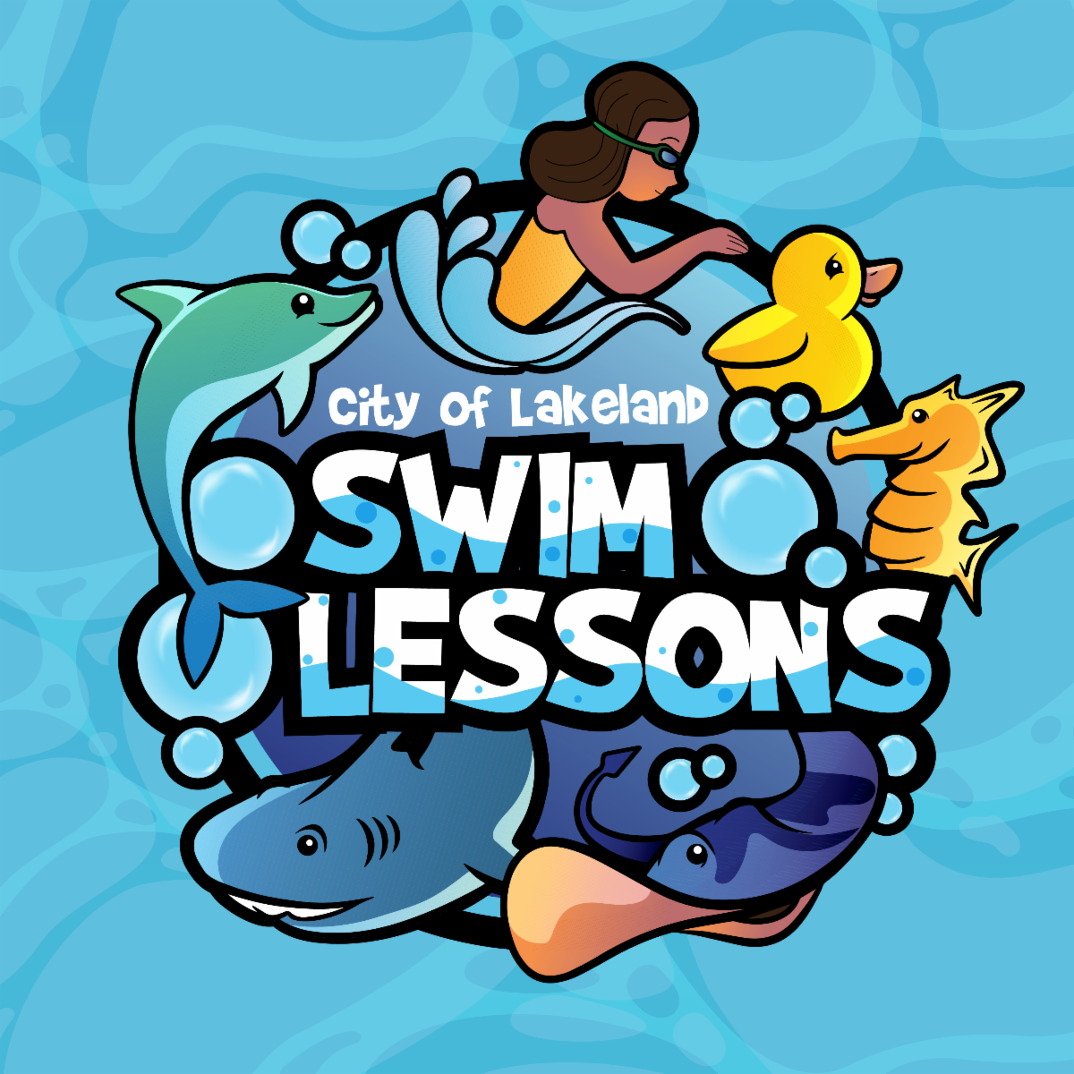 Illustrated graphic promoting City of Lakeland Swim Lessons. The design features a child swimming at the top surrounded by playful aquatic characters, including a dolphin, rubber duck, seahorse, shark, stingray, and bubbles. Bold text in the center reads 'City of Lakeland Swim Lessons' on a blue, water-textured background.