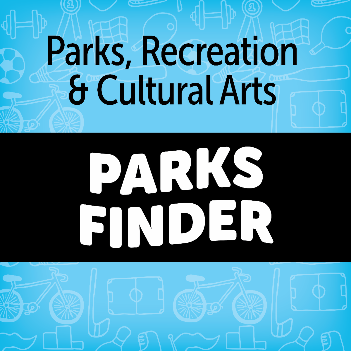 A bright, playful green graphic with bold, cheerful text that reads, 'PR&CA Parks Finder."