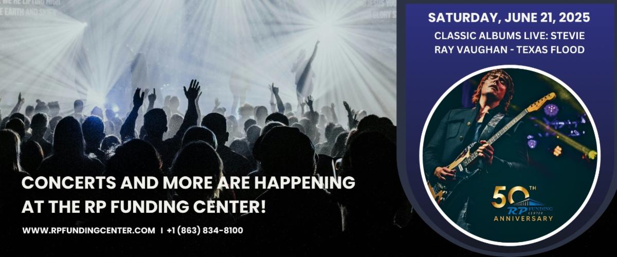 A promotional graphic for a concert at the RP Funding Center. The left side shows a cheering concert crowd under dramatic stage lights with the text: “Concerts and more are happening at the RP Funding Center! www.rpfundingcenter.com | +1 (863) 834-8100.” The right side features a circular inset photo of a musician playing an electric guitar, with text above reading: “Saturday, June 21, 2025 – Classic Albums Live: Stevie Ray Vaughan – Texas Flood.” Below the photo is the RP Funding Center’s 50th Anniversary logo.