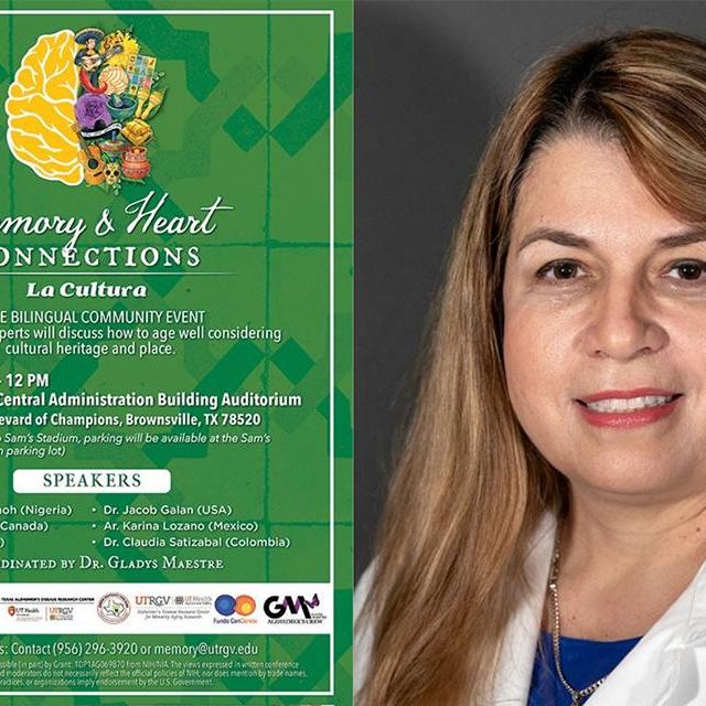 Split image: Left side features a green poster for "Memory & Heart Connections" event with brain illustration, details of speakers, and date; right side shows a woman with long light brown hair, smiling, wearing a white coat.