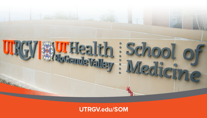Sign for UTRGV School of Medicine with beige background and bold letters in black and orange. UTRGV.edu/SOM text in white on an orange banner below.