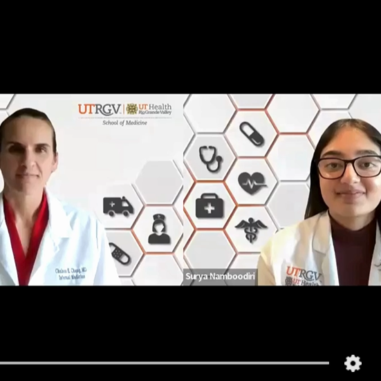 Two people in white lab coats are in a video call. The background features medical icons and the UTRGV School of Medicine logo, conveying professionalism.