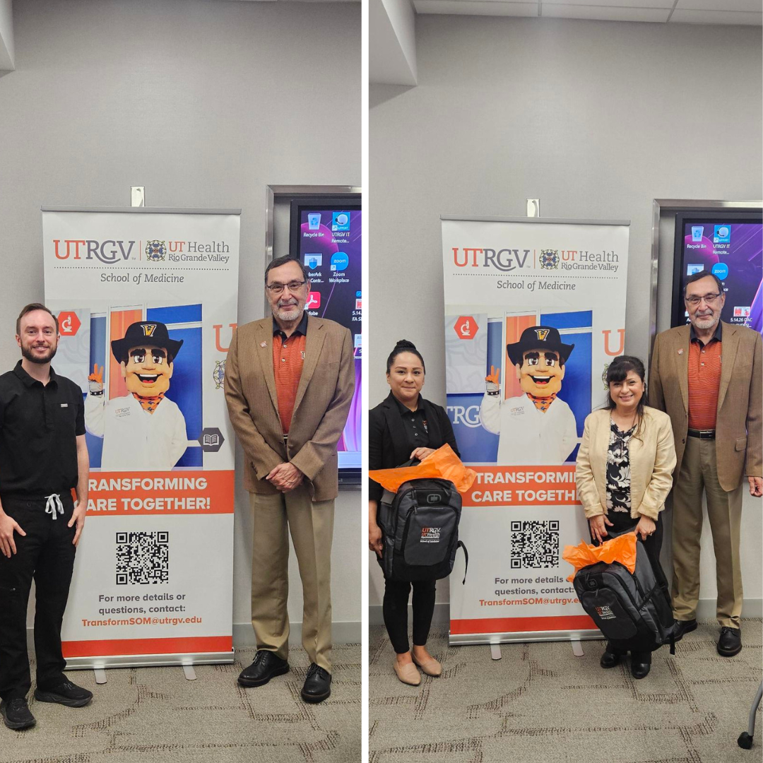 Three individuals stand beside a UTRGV School of Medicine banner indoors. Two hold backpacks, smiling, conveying a sense of accomplishment and community.
