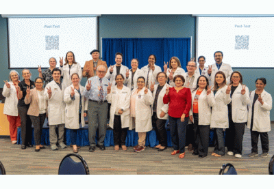 GIF showcasing diverse groups of medical professionals wearing white coats engage in lively discussions and presentations in a conference room, fostering collaboration.