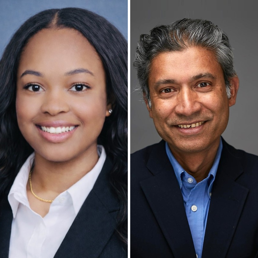 A split image featuring two smiling individuals in professional attire. The woman on the left has long dark hair, and the man on the right has short gray hair.