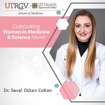 Graphic celebrating Women in Medicine and Science Month featuring Dr. Seval Ozkan Coban in a black turtle neck shirt and a medical lab coat, while crossing her arms.