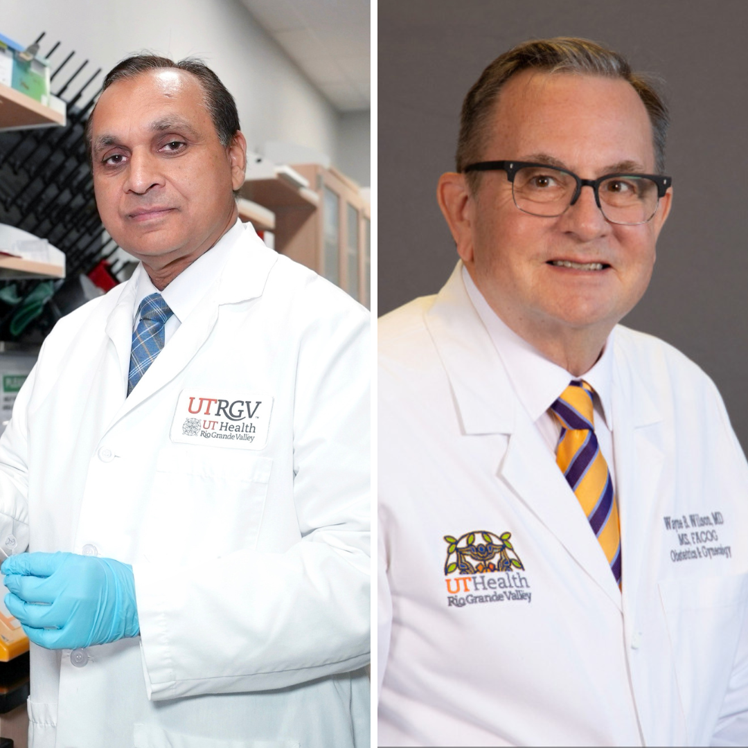 Two men in medical lab coats stand side by side. The first, in a lab with a blue tie and gloves, appears focused. The second smiles warmly in a studio. Both coats display "UTRGV."