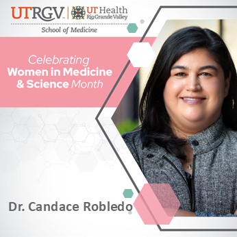 Graphic celebrating Women in Medicine and Science Month featuring Dr. Candance Roble in a gray and black coat, while crossing her arms.