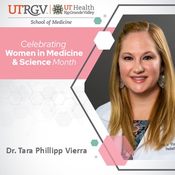 Graphic celebrating Women in Medicine and Science Month featuring Dr. Tara Phillipp Vierra in a medical white coat.