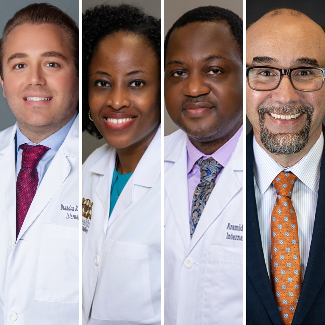 Four healthcare professionals in white lab coats and suits, smiling confidently. They stand in a collage layout, conveying professionalism and trust.