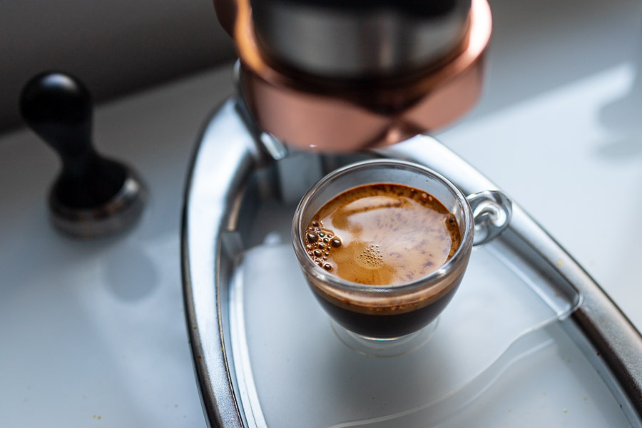 Finished Shot of Espresso with a travel lever espresso machine