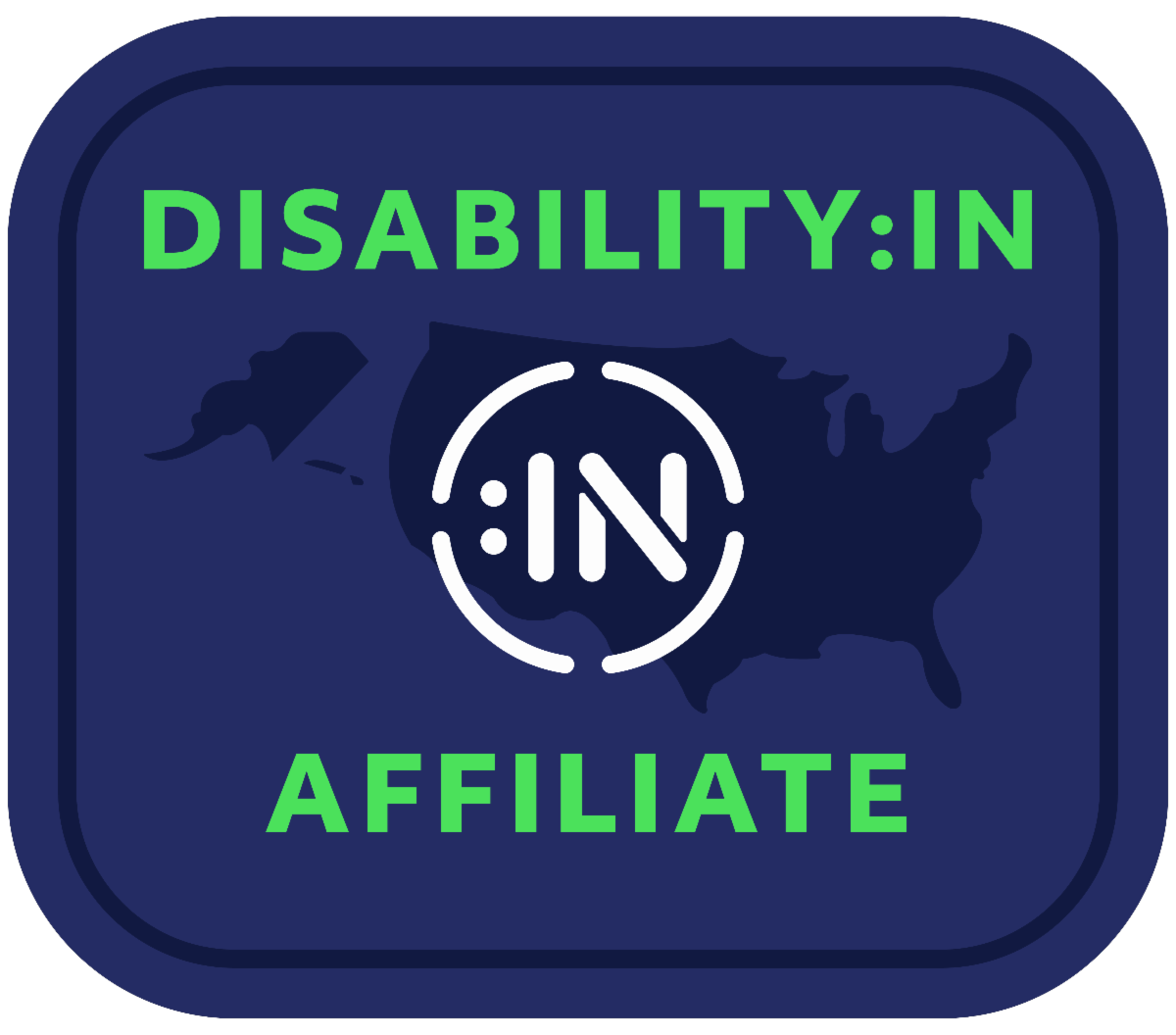 Disability:IN Affiliate icon in green and blue with broken white circle with :IN centered in the middle over an outline of the United States..  