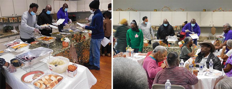 Two photos of people at a Thanksgiving dinner some are eating and some are being served