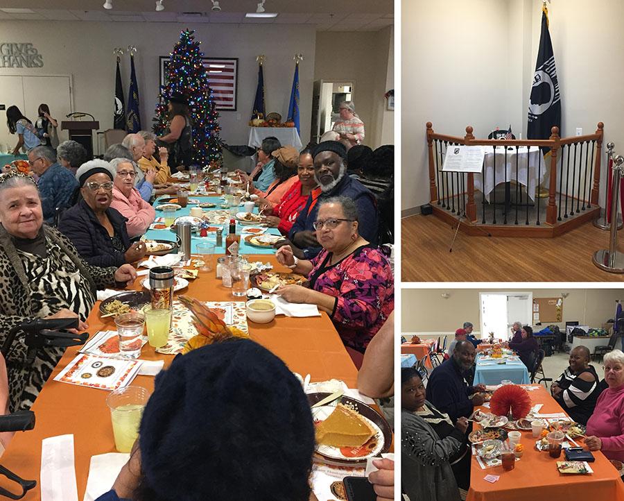 collage of 3 photos of residents at Thanksgiving dinner celebration with one photo of an empty table set for those who are missing with a P O W flag in background