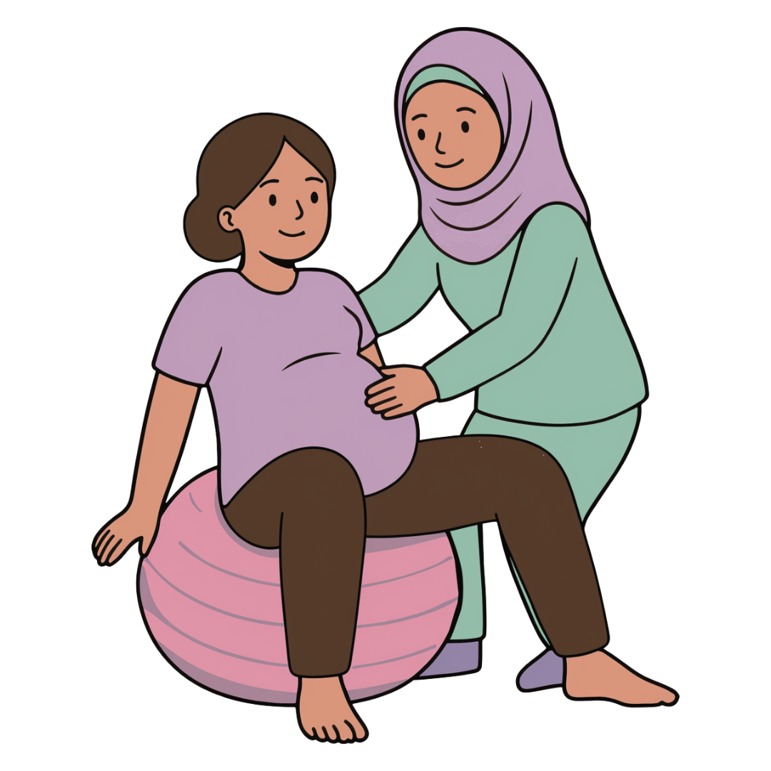 A pregnant woman on a birthing ball with a medical provider assisting her.