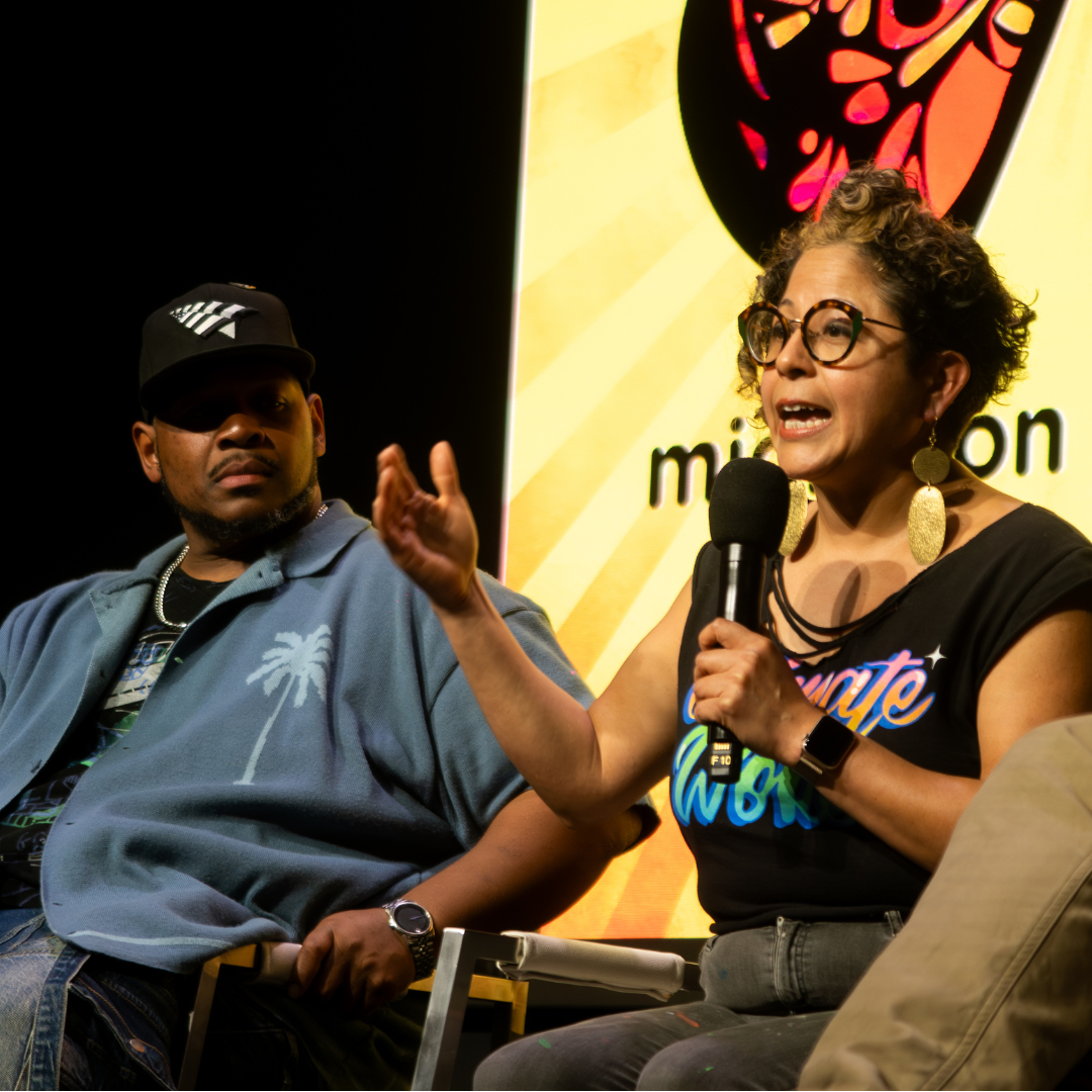 Favianna Rodriguez, Founder of the Center for Cultural Power speaks during a panel with Marlon Richardson, Executive Director of Hip Hop For Change, and Edreece Arghandiwal Founder of the Oakland Roots at the California Civil Rights Summit. The panel focused on media, sports, and pop culture’s role in ending hate.