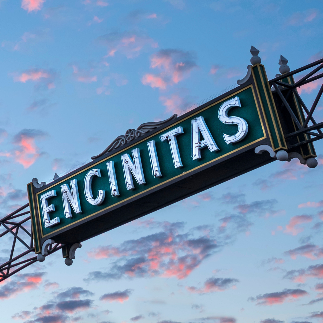 The City of Encinitas sign at sunset.
