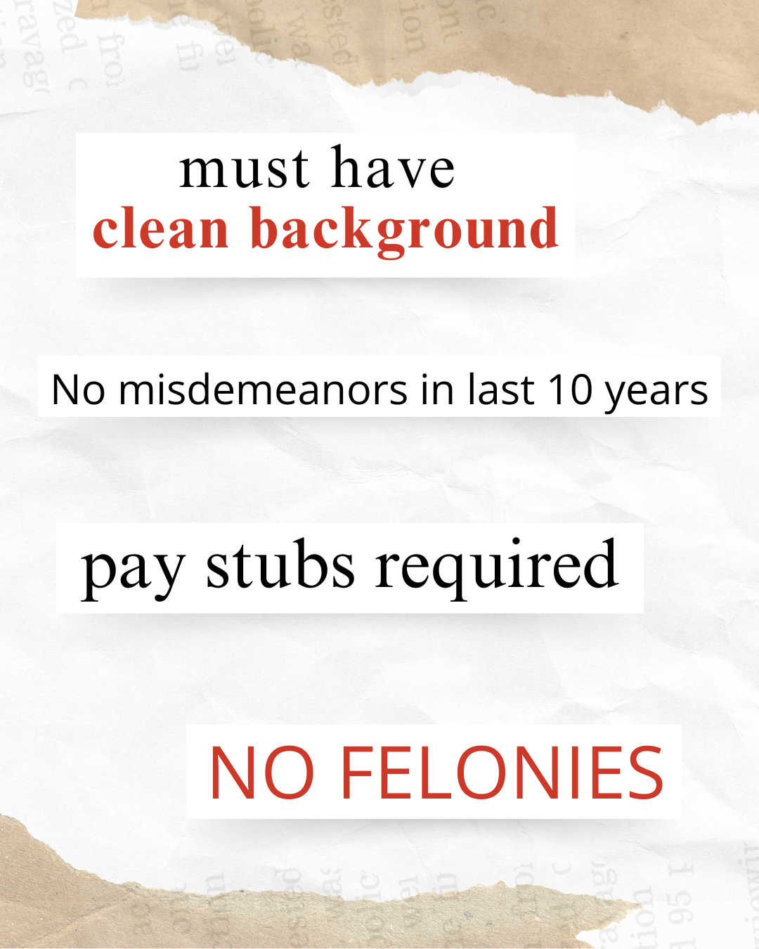 Various examples of common requirements in housing or job advertisements that can potentially be discriminatory in California. These include phrases like "Applicants must provide documented income with pay stubs, no felonies, and proof of employment for at