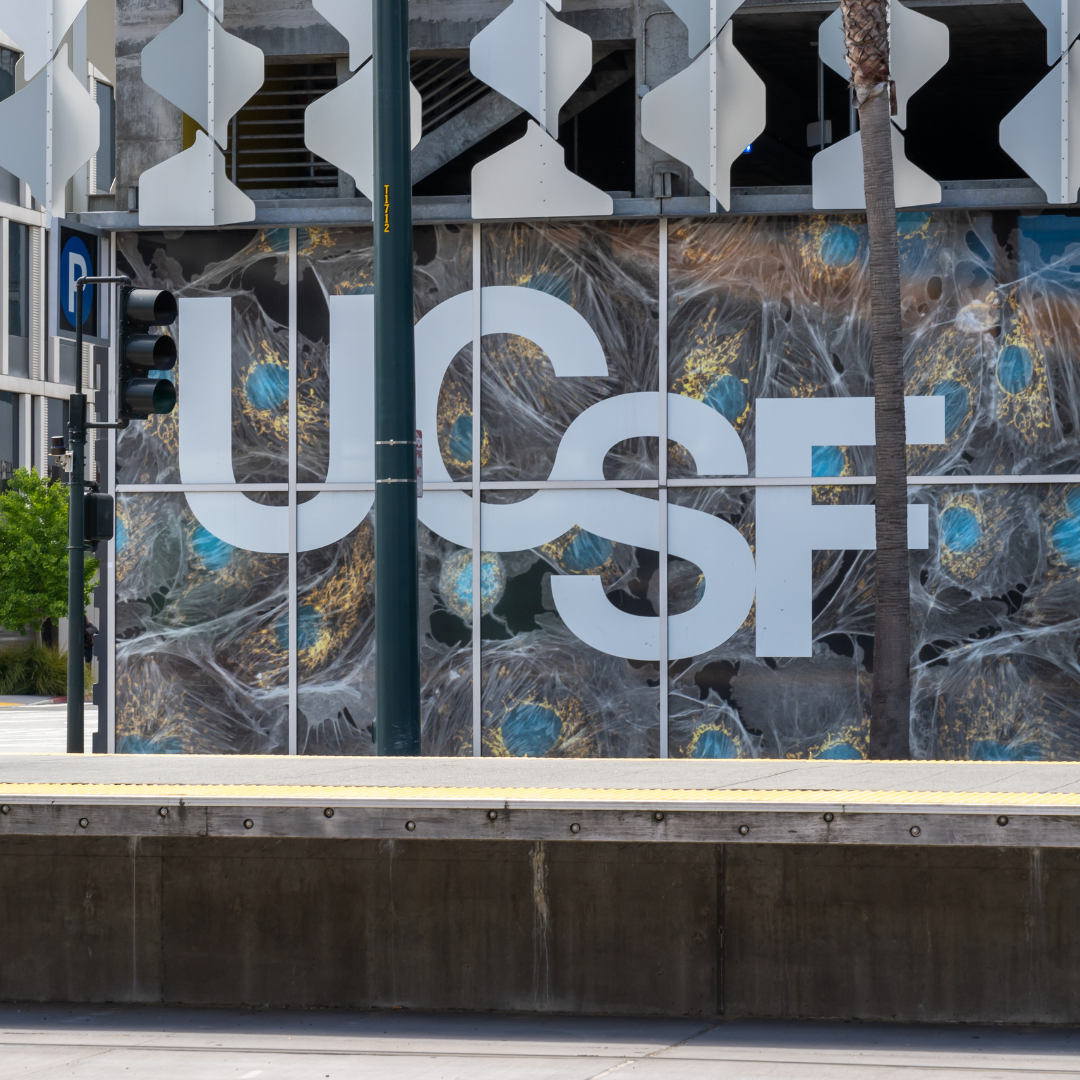 Close up of UCSF (University of California San Francisco) sign on the garage building in San Francisco, California.