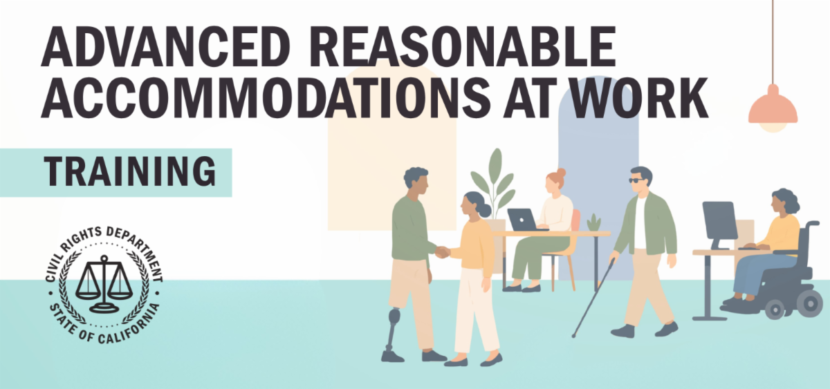 A drawing of a room full of diverse people with different disabilities and the words "Advanced Reasonable Accommodations at Work Training".
