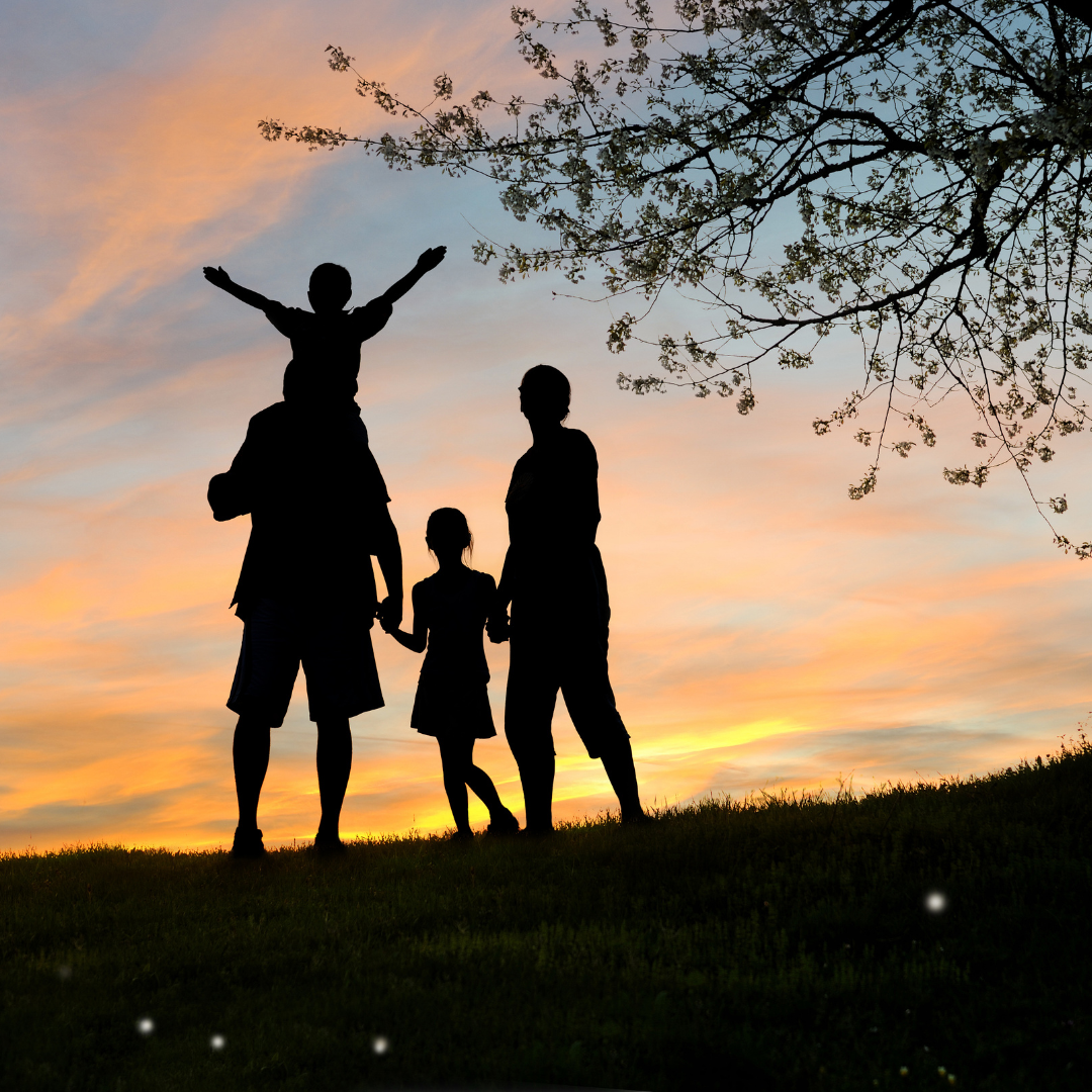 A silhouette of a family of two parents and two young children during sunset.