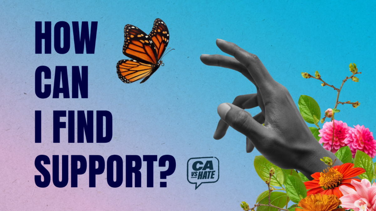 A hand inside a bundle of flowers reaches out to a butterfly. Above are the words "How can I find support?"
