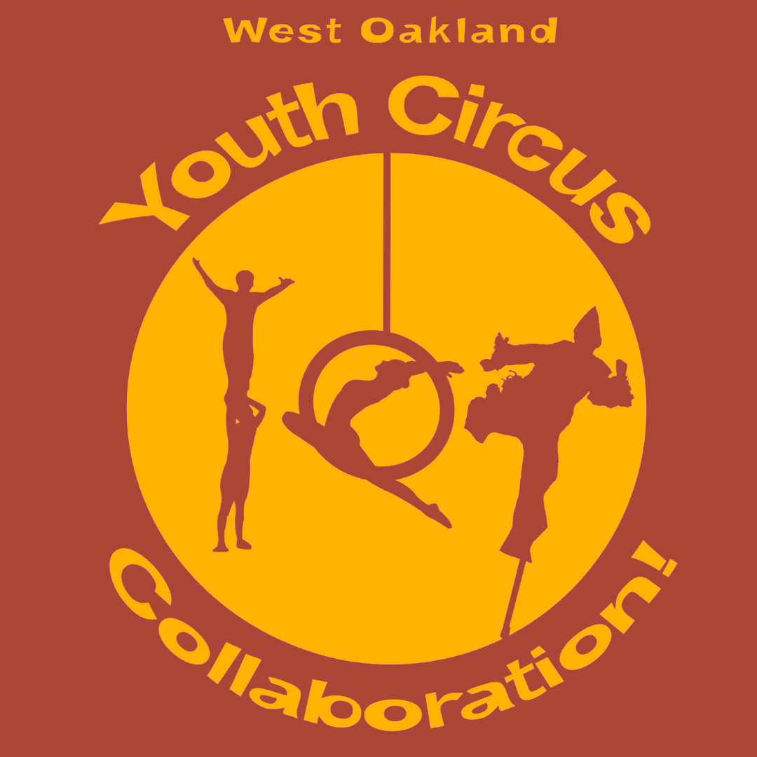 Yellow circle against a red background with silhouettes of a stilt dancer and an acrobat in an aerial hoop and a person standing on the shoulders of another with the yellow words that read West Oakland Youth Circus Collaborative 