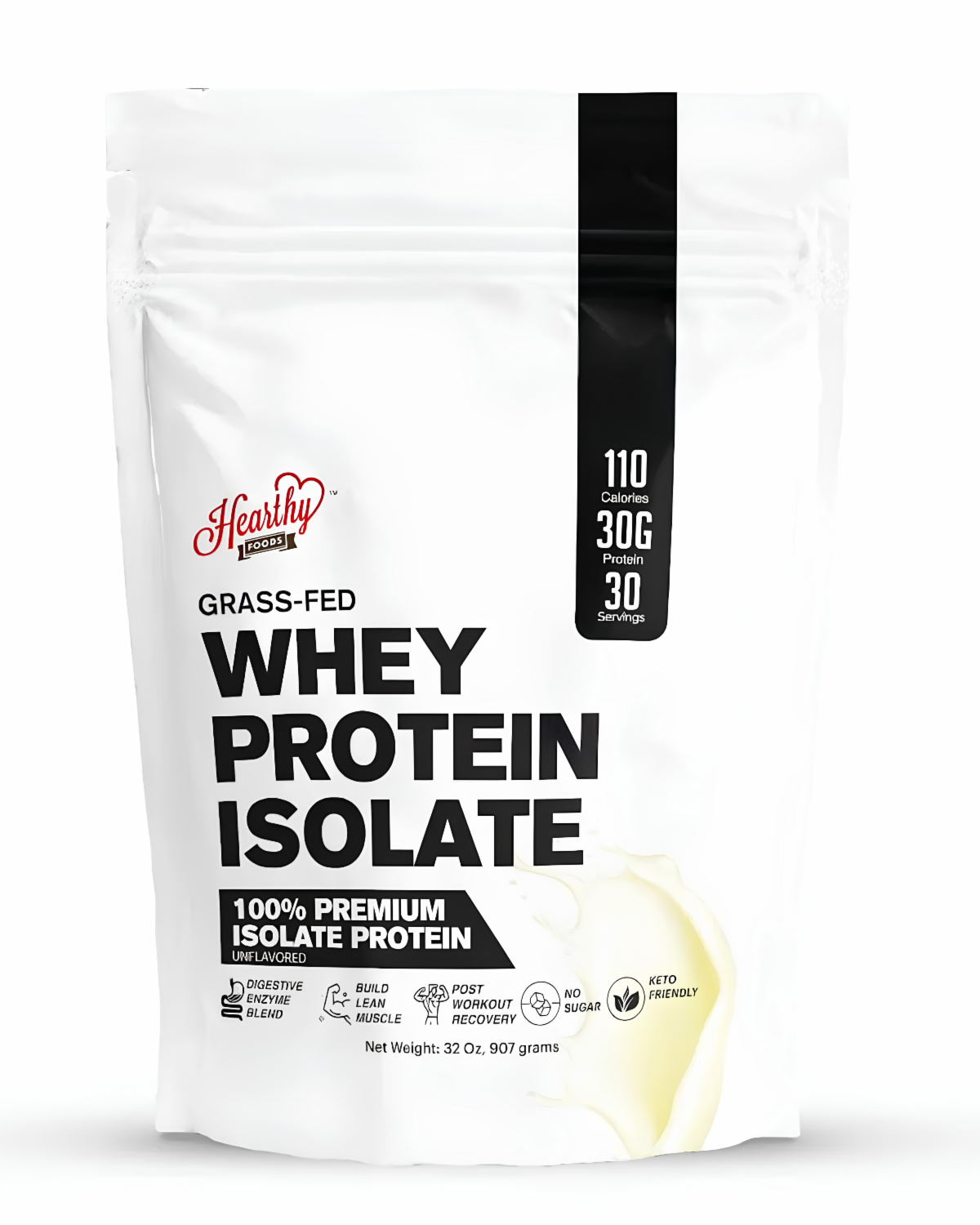 Hearthy Grass-fed Whey Protein Powder Isolate is unsweetened and made from pure whey sourced from grass-fed California cows, providing 30 GRAMS of premium quality protein free from NO added ingredients. Its top-tier formulation is rich in essential amino a