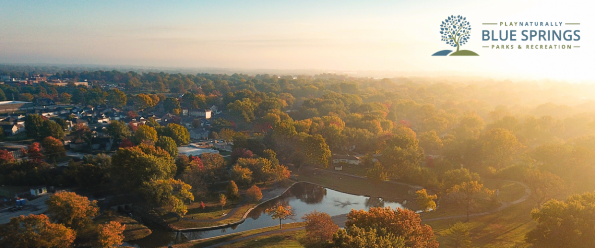 Aerial view of Rotary Park at sunrise during the fall time.