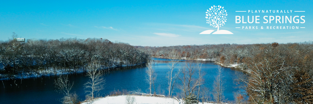 Aerial view of Lake Remembrance in the daytime, with trees and the ground covered in snow.