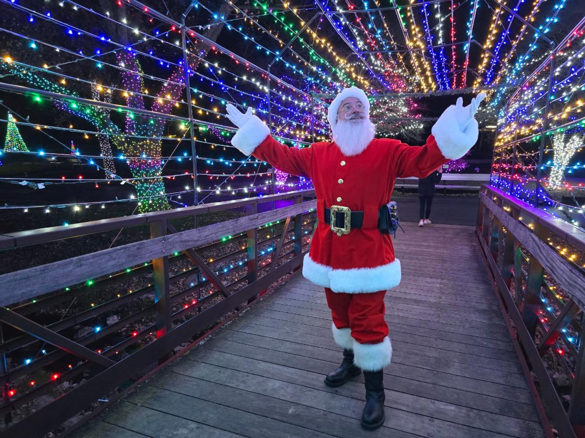 Santa holds his arms up in admiration as he walks on a bridge with an overhead Christmas light arch
