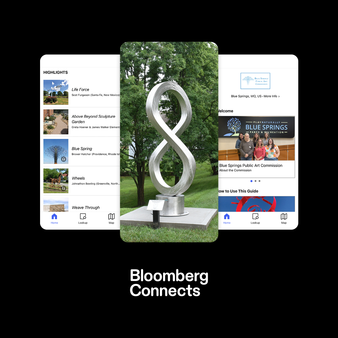 Screenshots of the Blue Springs Public Art Commission's guide on the Bloomberg Connects app.