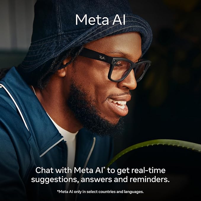 Man wearing meta glasses with the words Chat with Meta AI to get real time suggestions answers and reminders