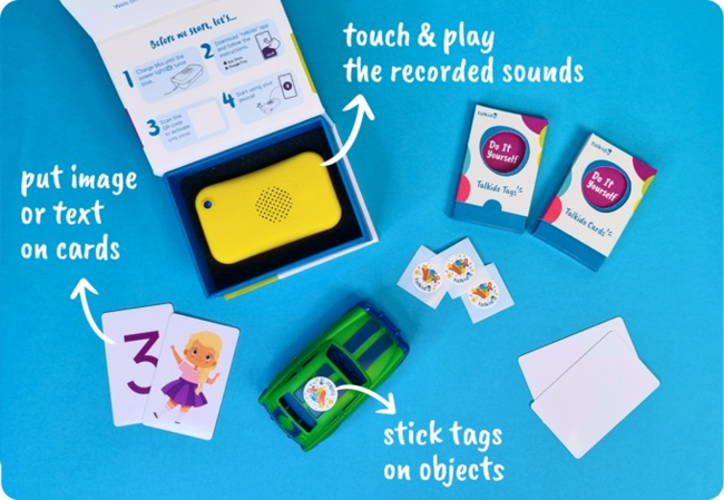 Talkido shown with recorder cards and toys