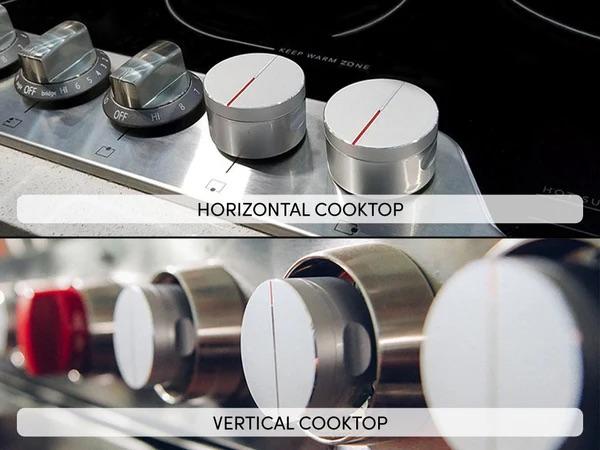 Toch Smartturn Stove Knobs shown on horisontal and vertical cooktops