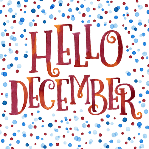 Hello December painted with bright red and orange watercolor in colorful watercolor dots background. Nice welcome winter  greeting card or invitation template. Real watercolor painting.