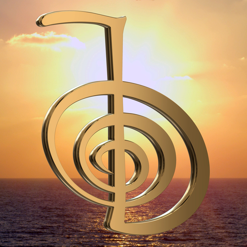Reiki Symbols for meditation and relaxation on the see sky and sun background