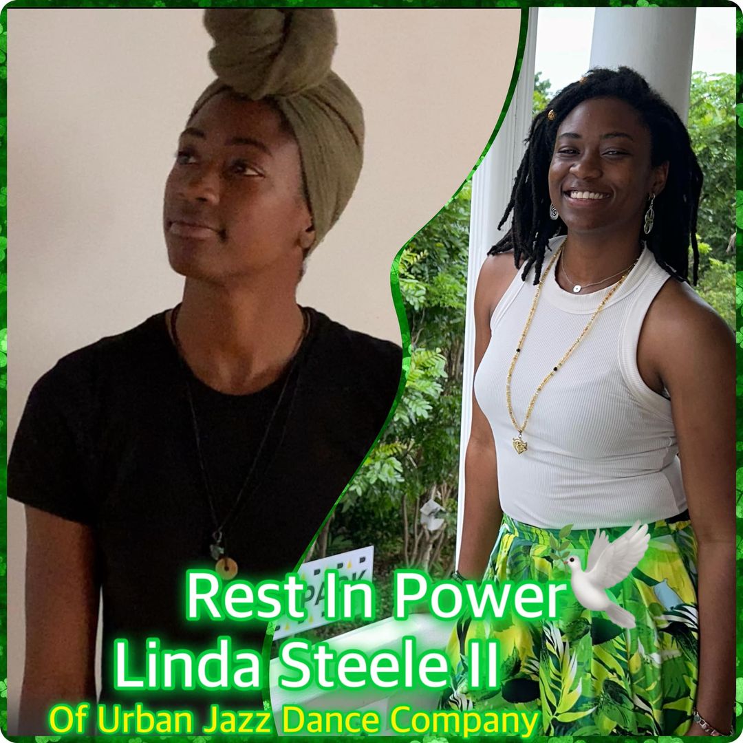 Collage of two images of Linda Steel II with a green border and text. Text reads Rest in Power Linda Steele II.