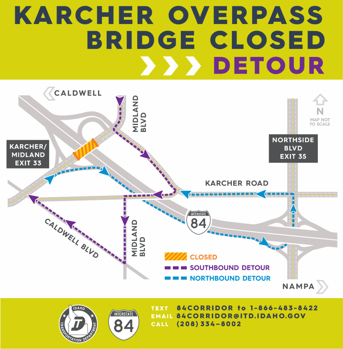 Detour map for the Karcher Interchange Bridge with northbound and southbound detour routes.