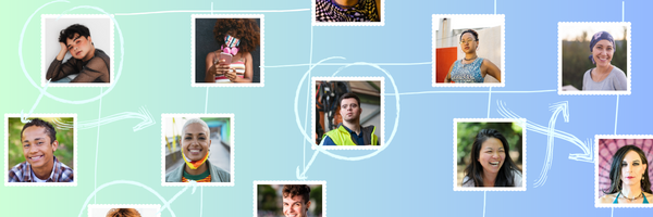 a light blue gradient graphic featuring a variety of diverse individuals in separate photographs interconnected with hand drawn lines and arrows