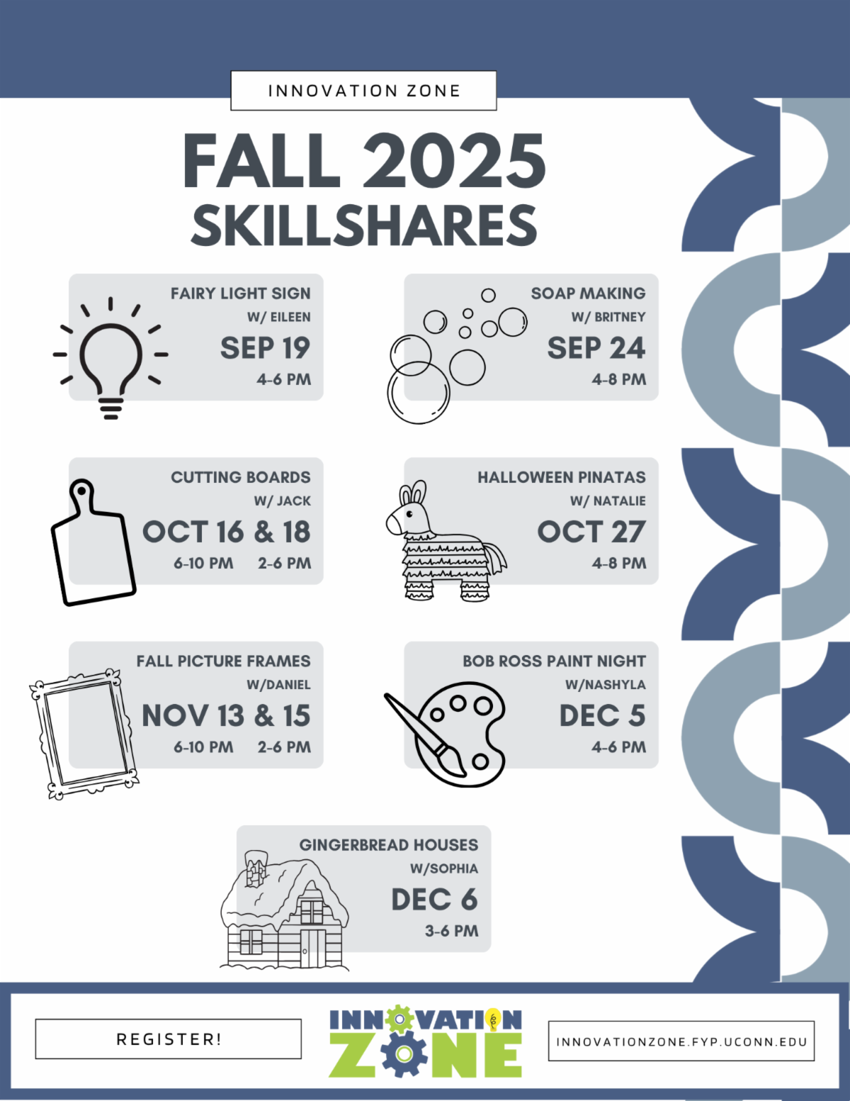 Fall 2025 skillshares Cutting boards on October 16 6-10pm or October 18 2-6pm - Halloween Pinatas on October 27 4-8pm