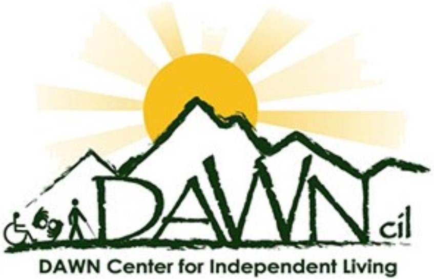 The DAWN logo consists of the words Dawn cil in dark green letters atop stylized ground. Underneath are the words DAWN Center for Independent Living. Behind is the silhouette of a mountain range and a yellow rising sun.