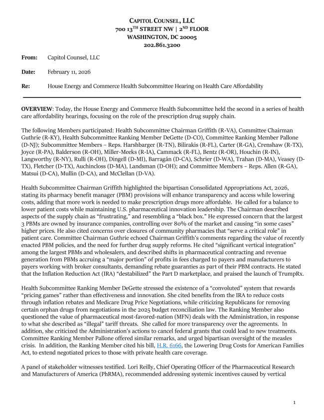 Summary Energy & Commerce Health Subcommittee Hearing on Health Care ...
