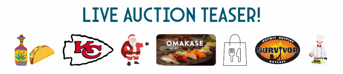 Live auction teaser with various thematic icons such as food, sports, and holiday elements.