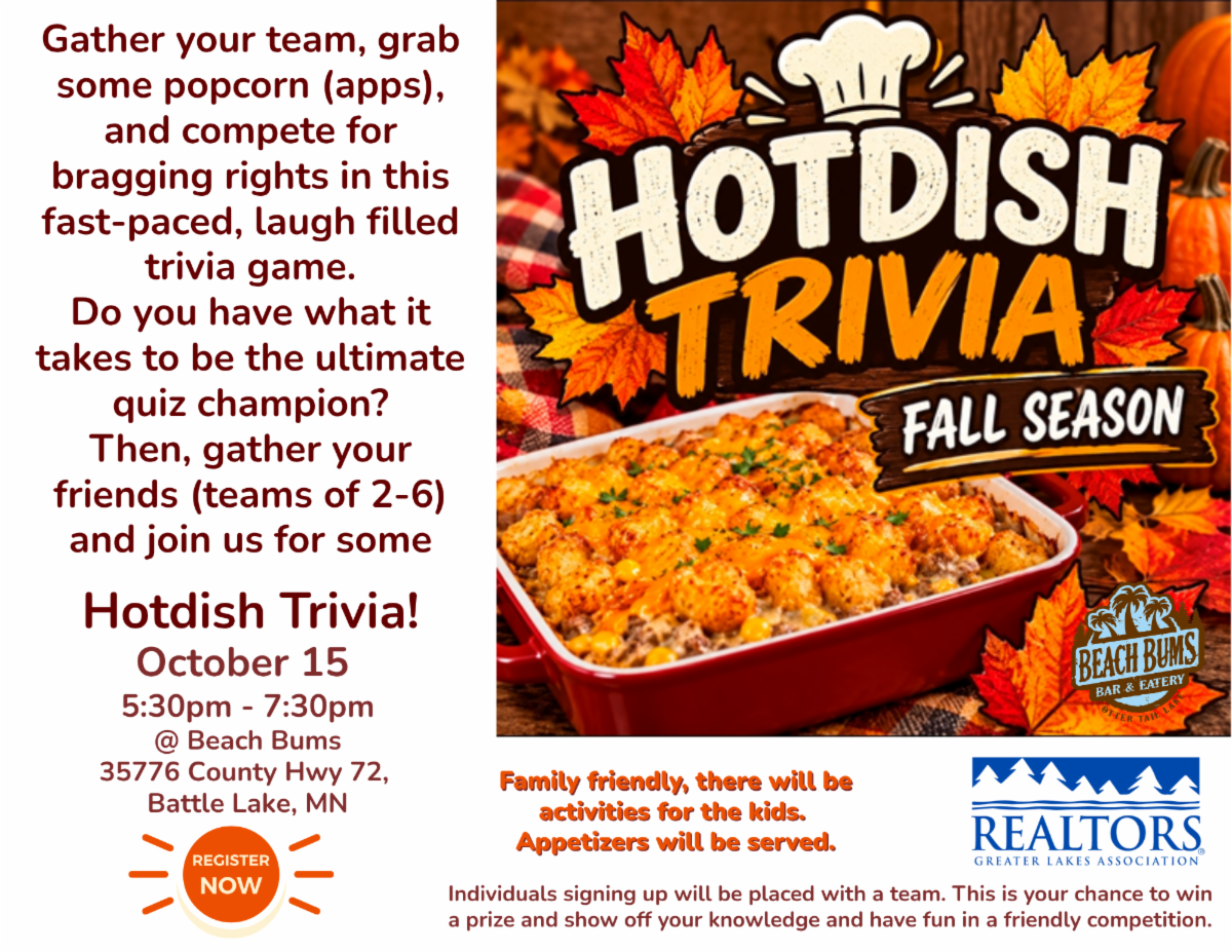 FREE Event!! Hotdish Trivia on October 15th from 5:30pm - 7:30pm at Beach Bums, 35776 County Hwy 72, Battle Lake, MN