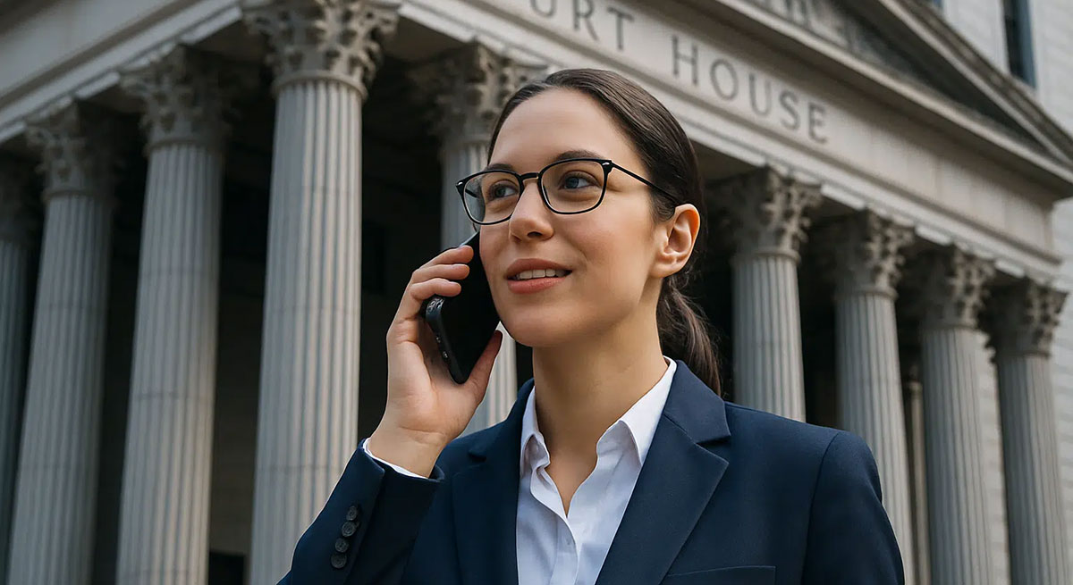Photo of a woman talking on the phone in front of a court house