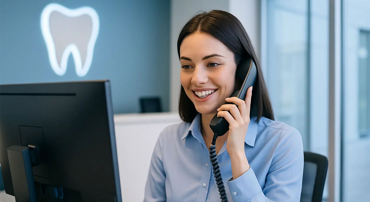 A photo of a woman on the phone in front of a computer with a tooth sign on the back wall