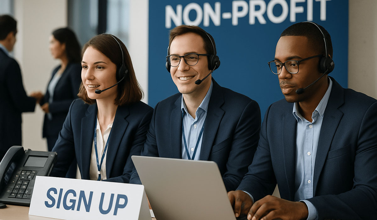 Photo of three non-profit workers on the phone